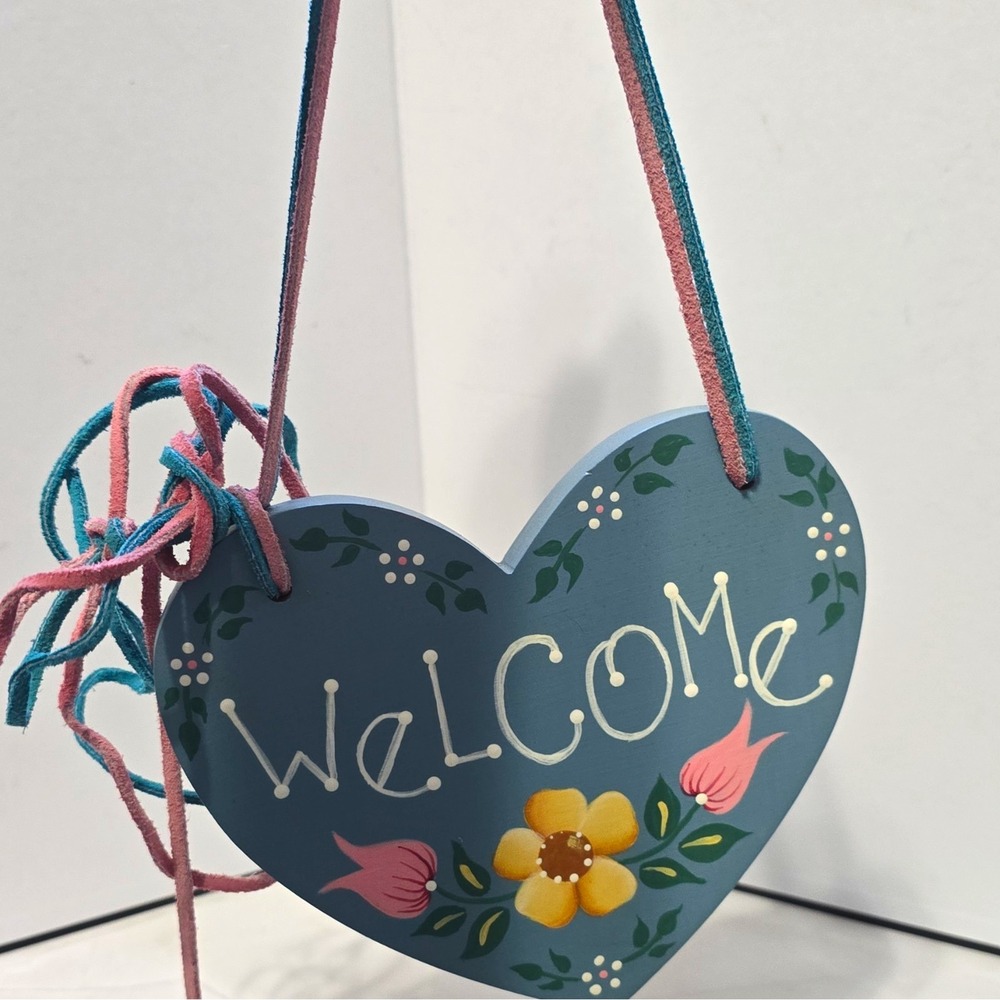 Cottagecore Painted Hanging Wood Heart "Welcome" Sign Floral Country Blue Pink